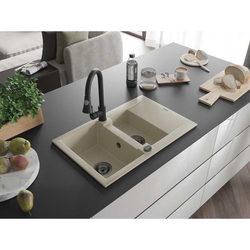 Mexen Gaspar évier en granit 1,5 bac avec égouttoir et mitigeur de cuisine Elia, beige - 6507-69-670101-70