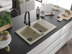 Mexen Gaspar évier en granit 1,5 bac avec égouttoir et robinet de cuisine Elia, beige - 6507-69-670101-70