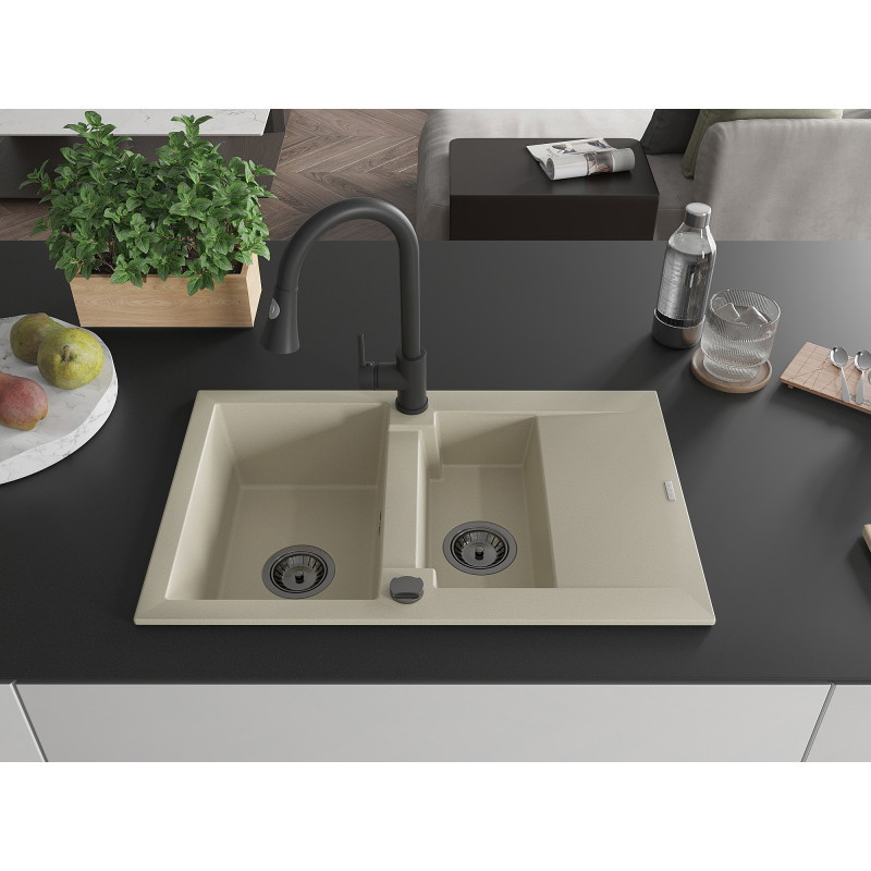 Mexen Gaspar évier en granit 1,5 bac avec égouttoir et mitigeur de cuisine Elia, beige - 6507-69-670101-70