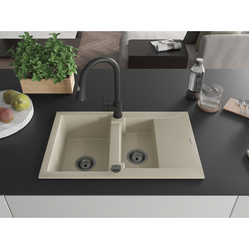 Mexen Gaspar évier en granit 1,5 bac avec égouttoir et robinet de cuisine Elia, beige - 6507-69-670101-70