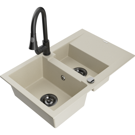Mexen Gaspar évier en granit 1,5 bac avec égouttoir et robinet de cuisine Elia, beige - 6507-69-670101-70