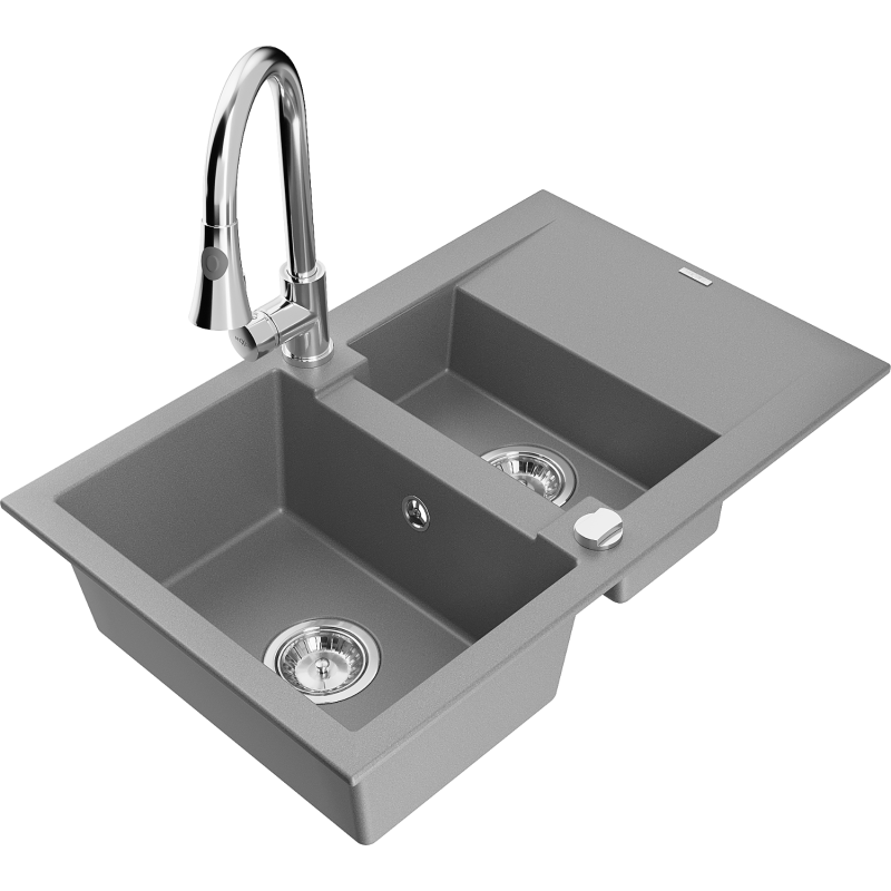 Mexen Gaspar évier en granit 1,5 bac avec égouttoir et robinet de cuisine Elia, gris - 6507-71-670101-00