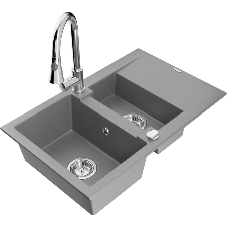 Mexen Gaspar évier en granit 1,5 bac avec égouttoir et robinet de cuisine Elia, gris - 6507-71-670101-00