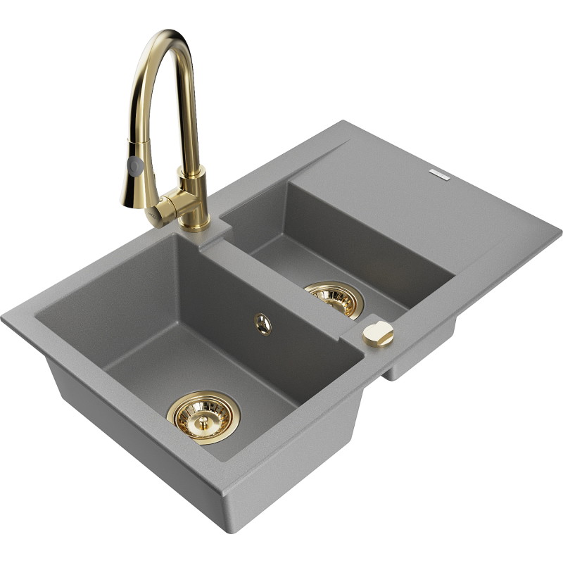 Mexen Gaspar Évier en granit avec 1,5 bac, égouttoir et robinet de cuisine Elia, gris - 6507-71-670101-50
