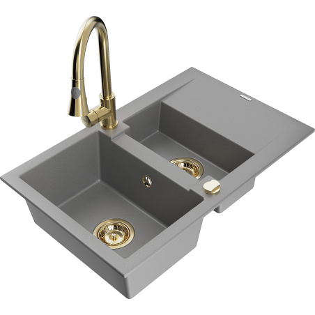 Mexen Gaspar Évier en granit avec 1,5 bac, égouttoir et robinet de cuisine Elia, gris - 6507-71-670101-50