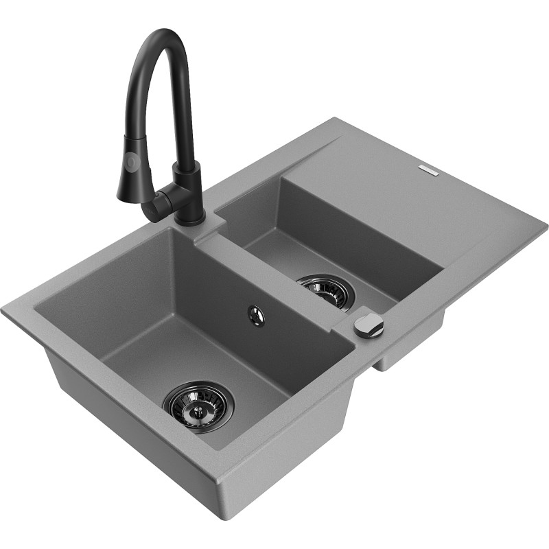 Mexen Gaspar évier en granit 1,5 cuves avec égouttoir et robinet de cuisine Elia, gris - 6507-71-670101-70-B