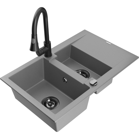 Mexen Gaspar évier en granit 1,5 cuves avec égouttoir et robinet de cuisine Elia, gris - 6507-71-670101-70-B