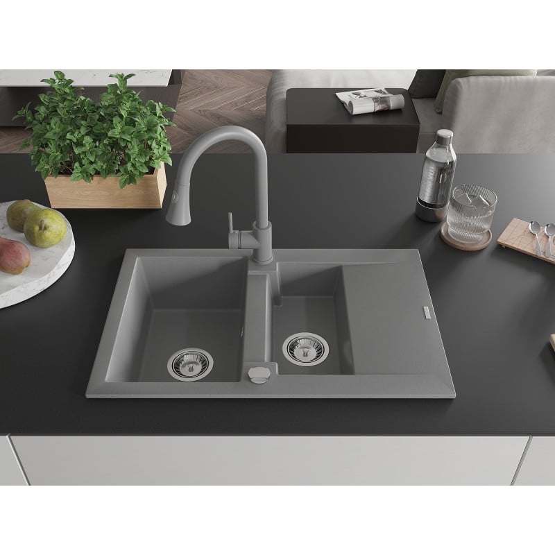 Mexen Gaspar évier en granit 1,5 bac avec égouttoir et robinet de cuisine Elia, gris - 6507-71-670101-71