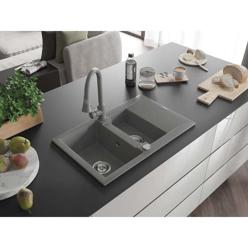 Mexen Gaspar évier en granit 1,5 bac avec égouttoir et robinet de cuisine Elia, gris - 6507-71-670101-71