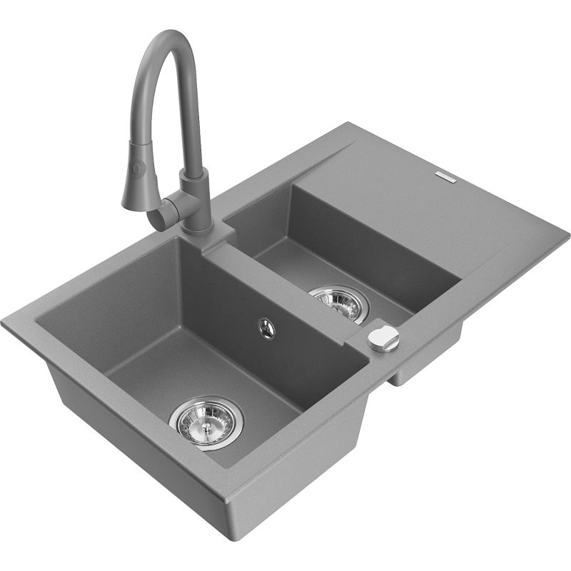 Mexen Gaspar évier en granit 1,5 bac avec égouttoir et robinet de cuisine Elia, gris - 6507-71-670101-71