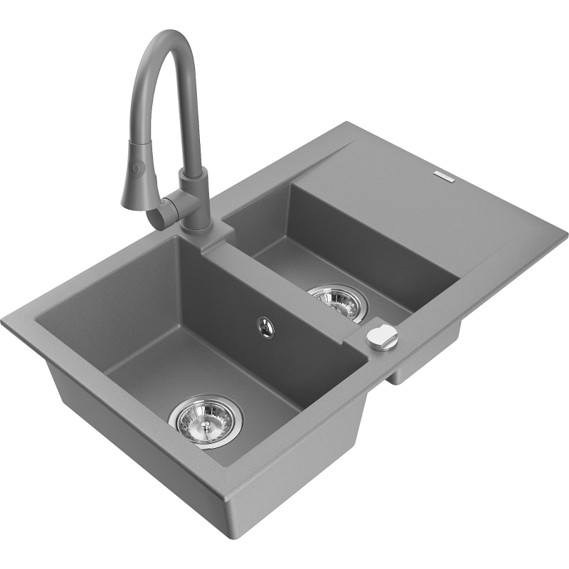 Mexen Gaspar évier en granit 1,5 bac égouttoir + robinet Elia, gris - 6507-71-670101-71