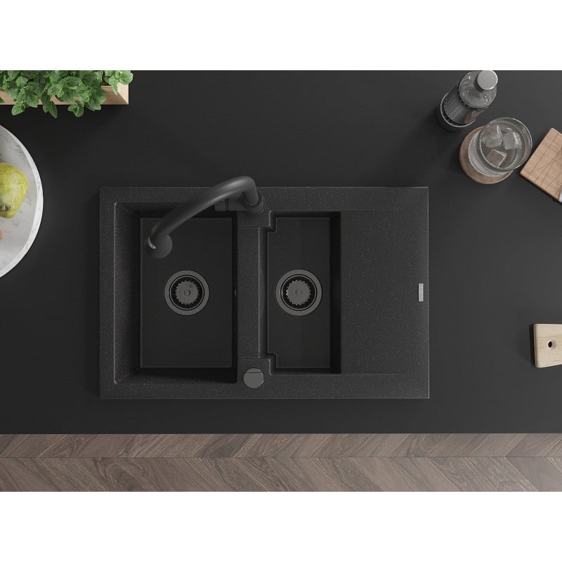 Mexen Gaspar évier en granit 1,5 bac avec égouttoir et robinet de cuisine Elia, noir/argent - 6507-73-670101-70-B