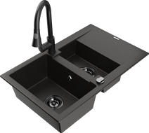 Mexen Gaspar évier en granit 1,5 bac avec égouttoir et robinet de cuisine Elia, noir/or métallique - 6507-75-670101-70-B