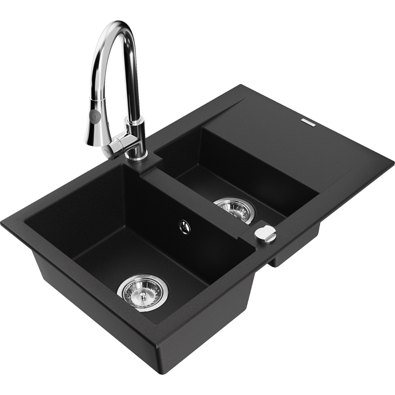 Mexen Gaspar évier granit 1,5 bac avec égouttoir et robinet de cuisine Elia, noir - 6507-77-670101-00