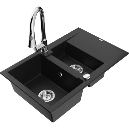 Mexen Gaspar évier granit 1,5 bac avec égouttoir et robinet de cuisine Elia, noir - 6507-77-670101-00
