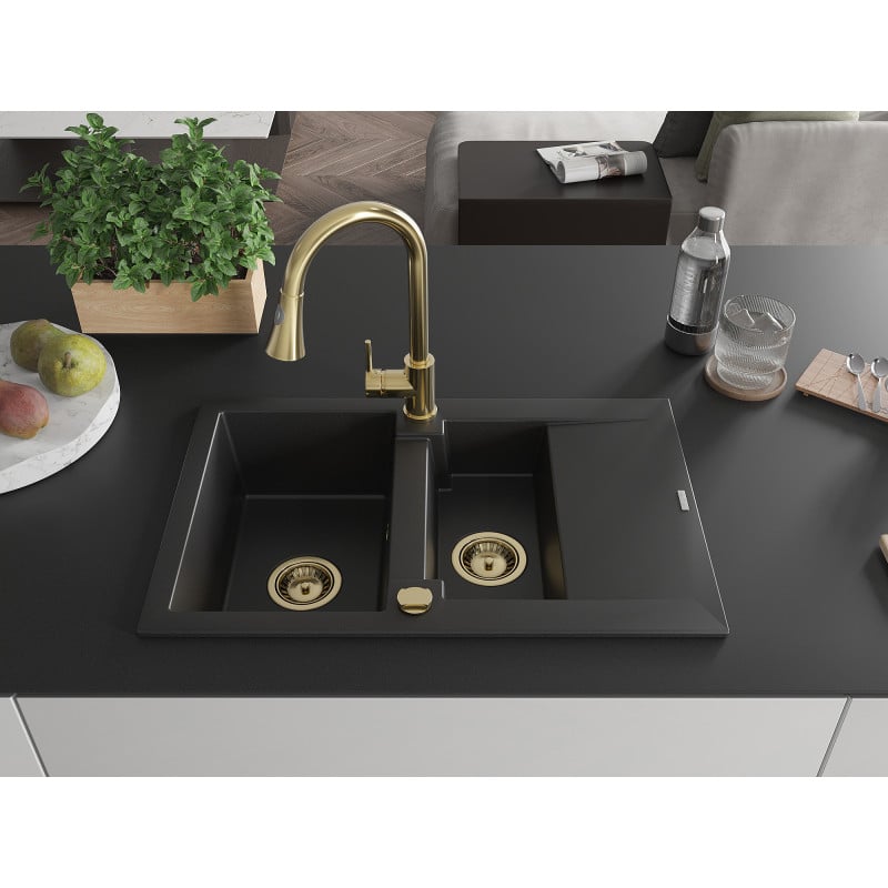 Mexen Gaspar évier en granit 1,5 cuves avec égouttoir et robinet de cuisine Elia, noir - 6507-77-670101-50