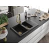 Mexen Gaspar évier en granit 1,5 cuves avec égouttoir et robinet de cuisine Elia, noir - 6507-77-670101-50