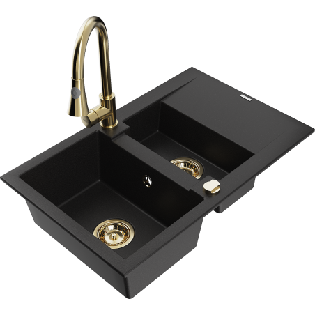 Mexen Gaspar évier en granit 1,5 cuves avec égouttoir et robinet de cuisine Elia, noir - 6507-77-670101-50