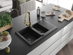Mexen Gaspar évier en granit 1,5-cuves avec égouttoir et robinet de cuisine Elia, noir - 6507-77-670101-50-B