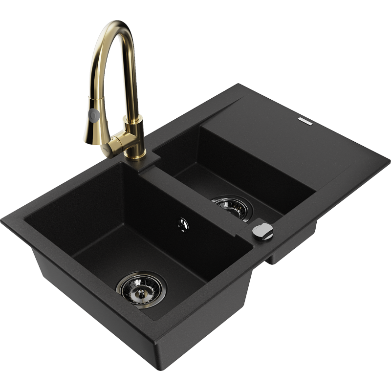 Mexen Gaspar évier en granit 1,5-cuves avec égouttoir et robinet de cuisine Elia, noir - 6507-77-670101-50-B
