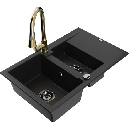 Mexen Gaspar évier en granit 1,5-cuves avec égouttoir et robinet de cuisine Elia, noir - 6507-77-670101-50-B