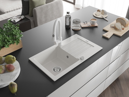 Mexen Pablo évier en granit 1 bac avec égouttoir et mitigeur cuisine Elia, blanc - 6510-20-670101-20