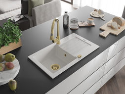 Mexen Pablo évier de cuisine en granit 1 bac avec égouttoir et robinet de cuisine Elia, blanc - 6510-20-670101-50