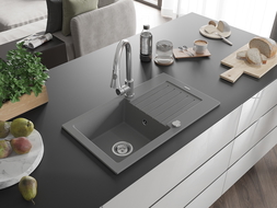 Mexen Pablo évier en granit 1 cuve avec égouttoir et mitigeur de cuisine Elia, gris - 6510-71-670101-00