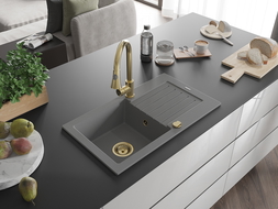 Mexen Pablo évier en granit 1 bac avec égouttoir et robinet de cuisine Elia, gris - 6510-71-670101-50