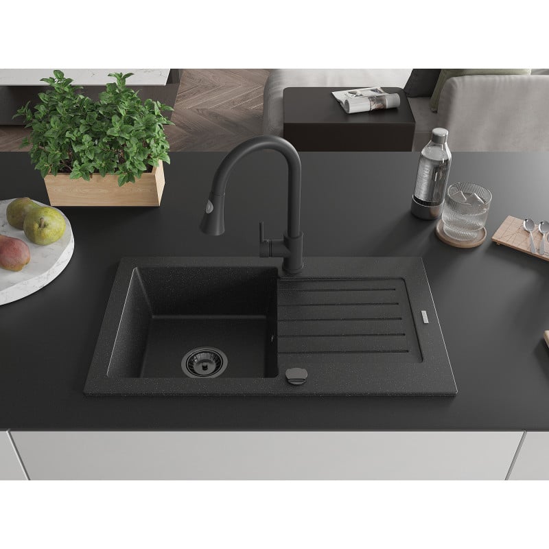 Mexen Pablo évier en granit 1 bac avec égouttoir et robinet de cuisine Elia, noir/métallisé argenté - 6510-73-670101-70-B