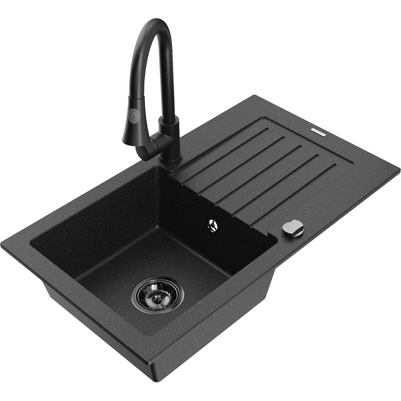 Mexen Pablo évier en granit 1 bac avec égouttoir et robinet de cuisine Elia, noir/métallisé argenté - 6510-73-670101-70-B