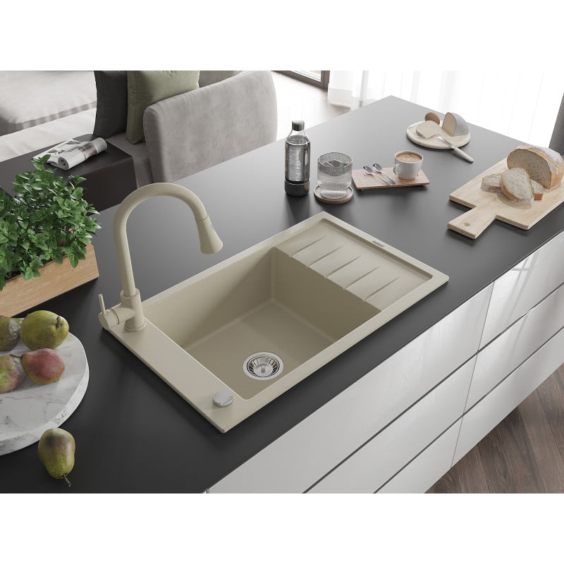 Mexen Elias évier en granit 1 bac avec égouttoir et robinet de cuisine Elia, beige - 6511-69-670101-69