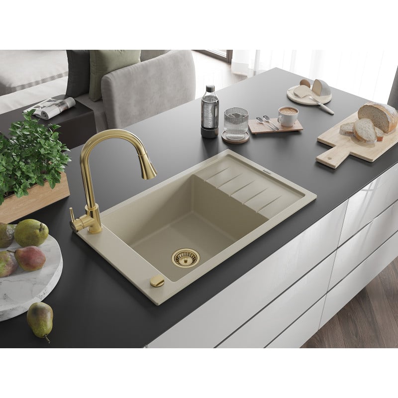 Mexen Elias évier en granit 1-bac avec égouttoir et robinet de cuisine Elia, beige - 6511-69-670101-50