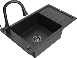 Mexen Elias évier en granit 1 bac avec égouttoir et robinet de cuisine Elia, noir/argent métallisé - 6511-73-670101-70-B