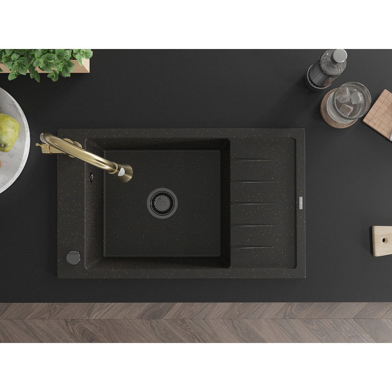 Mexen Elias évier en granit à 1 cuve avec égouttoir et robinet de cuisine Elia, noir/doré métallique - 6511-75-670101-50-B