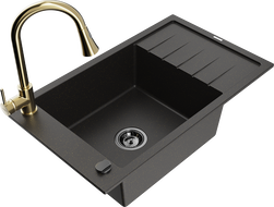 Mexen Elias évier en granit à 1 cuve avec égouttoir et robinet de cuisine Elia, noir/doré métallique - 6511-75-670101-50-B