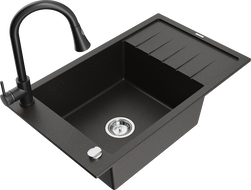 Mexen Elias évier en granit 1 bac avec égouttoir et robinet de cuisine Elia, noir/or métallisé - 6511-75-670101-70