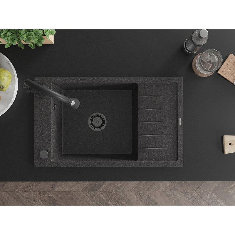 Mexen Elias évier en granit 1 bac avec égouttoir et robinet de cuisine Elia, noir moucheté - 6511-76-670101-70-B
