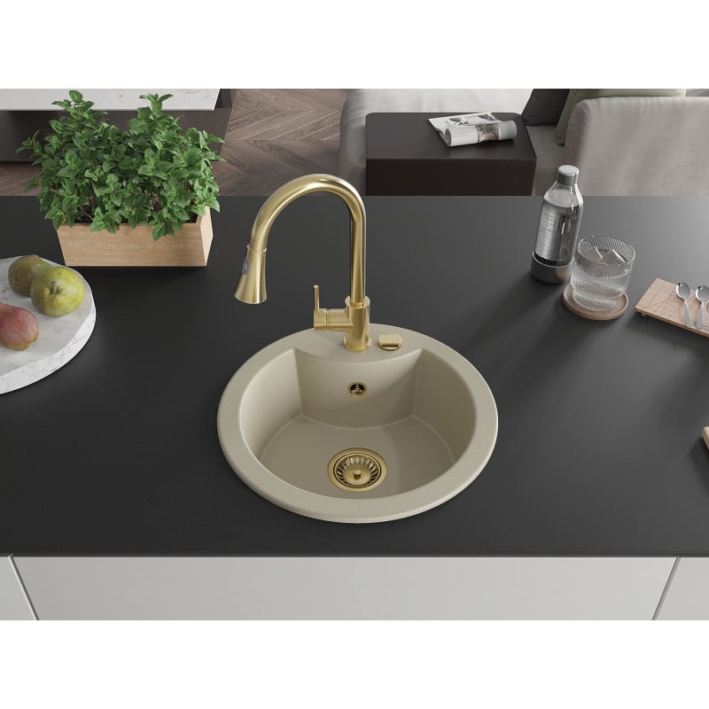 Mexen Diego évier en granit 1 bac avec robinet de cuisine Elia, beige - 6512-69-670101-50