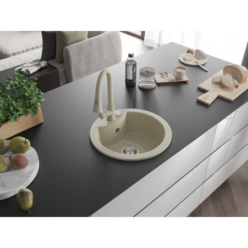 Mexen Diego évier en granit 1 bac avec robinet de cuisine Elia, beige - 6512-69-670101-69