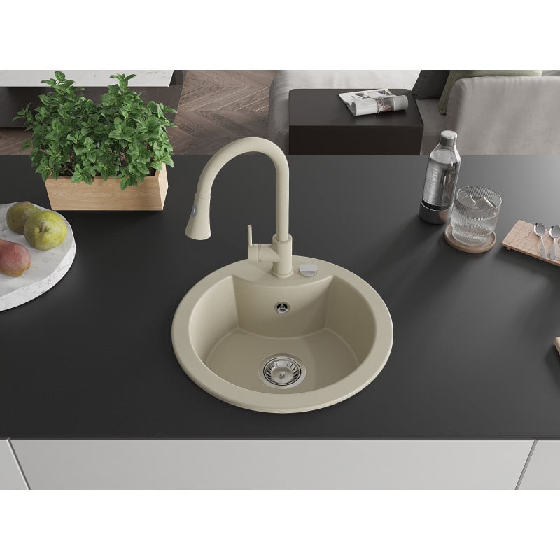 Mexen Diego évier en granit 1 bac avec robinet de cuisine Elia, beige - 6512-69-670101-69