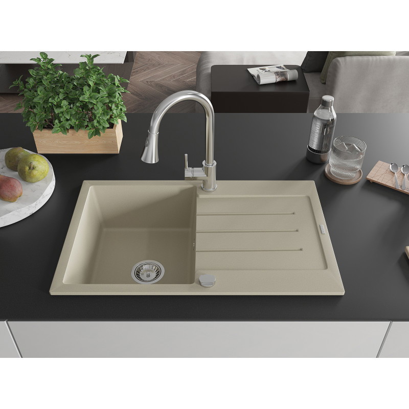 Mexen Bruno évier en granit 1 bac avec égouttoir et robinet de cuisine Elia, beige - 6513-69-670101-00