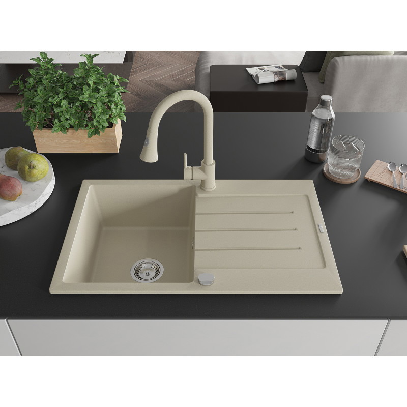 Mexen Bruno évier en granit 1 bac avec égouttoir et robinet de cuisine Elia, beige - 6513-69-670101-69