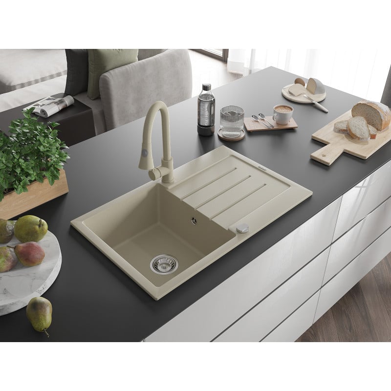 Mexen Bruno évier en granit 1 bac avec égouttoir et robinet de cuisine Elia, beige - 6513-69-670101-69
