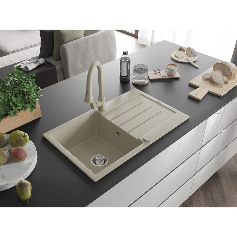 Mexen Bruno évier en granit à 1 cuve avec égouttoir et robinet de cuisine Elia, beige - 6513-69-670101-69