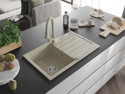 Mexen Bruno évier en granit 1 bac avec égouttoir et robinet de cuisine Elia, beige - 6513-69-670101-69