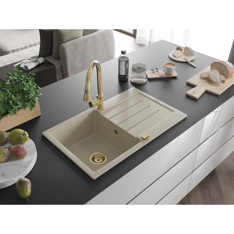 Mexen Bruno évier en granit 1 bac avec égouttoir et mitigeur de cuisine Elia, beige - 6513-69-670101-50