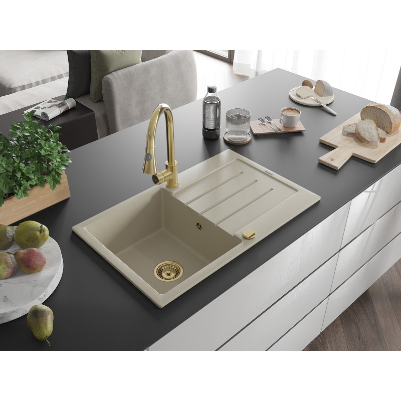 Mexen Bruno évier en granit 1 bac avec égouttoir et robinet de cuisine Elia, beige - 6513-69-670101-50