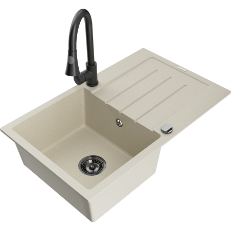 Mexen Bruno évier en granit 1 bac avec égouttoir et robinet de cuisine Elia, beige - 6513-69-670101-70