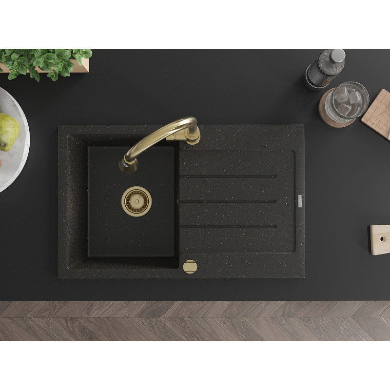 Mexen Bruno évier en granit 1 bac avec égouttoir et robinet de cuisine Elia, noir/métallisé or - 6513-75-670101-50